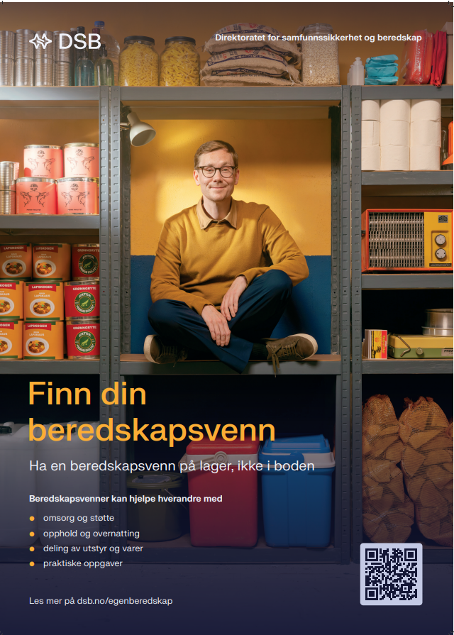 Beredskapsvenner kan hjelpe hverandre med omsorg og støtte, opphold og overnatting, deling av utstyr og varer, og praktiske oppgaver. Bilde inneholder også en QR-kode. - Klikk for stort bilde